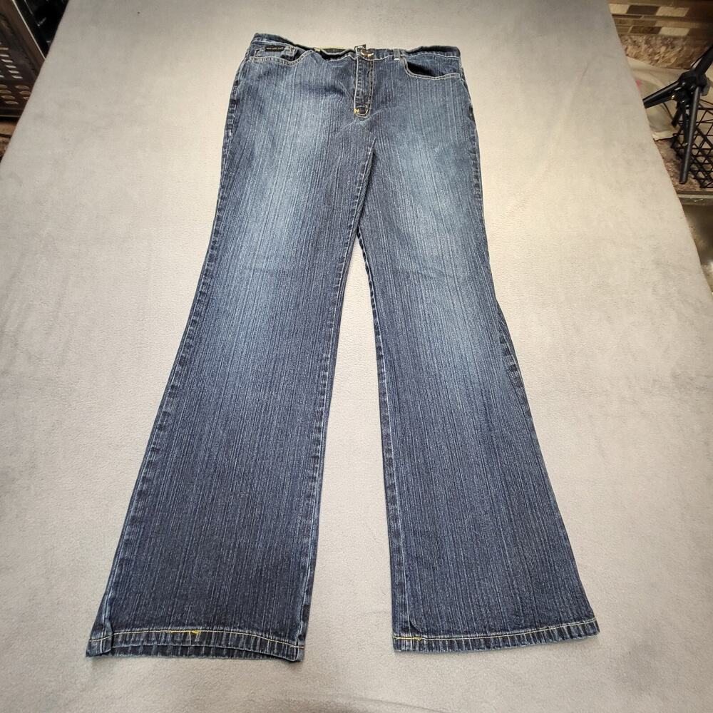 NY Jeans Womens 14 Blue Boot Cut Flared Leg Stretch Distressed Denim
